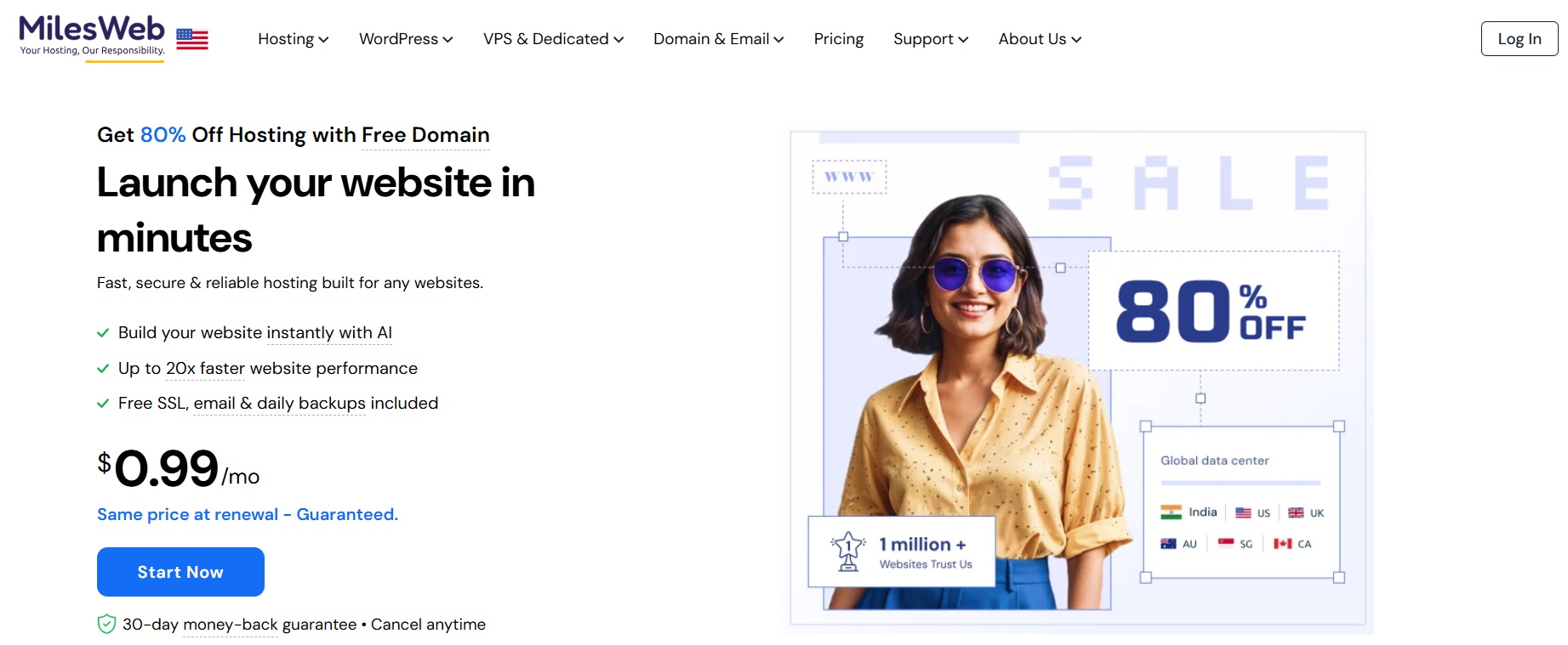 MilesWeb homepage screenshot