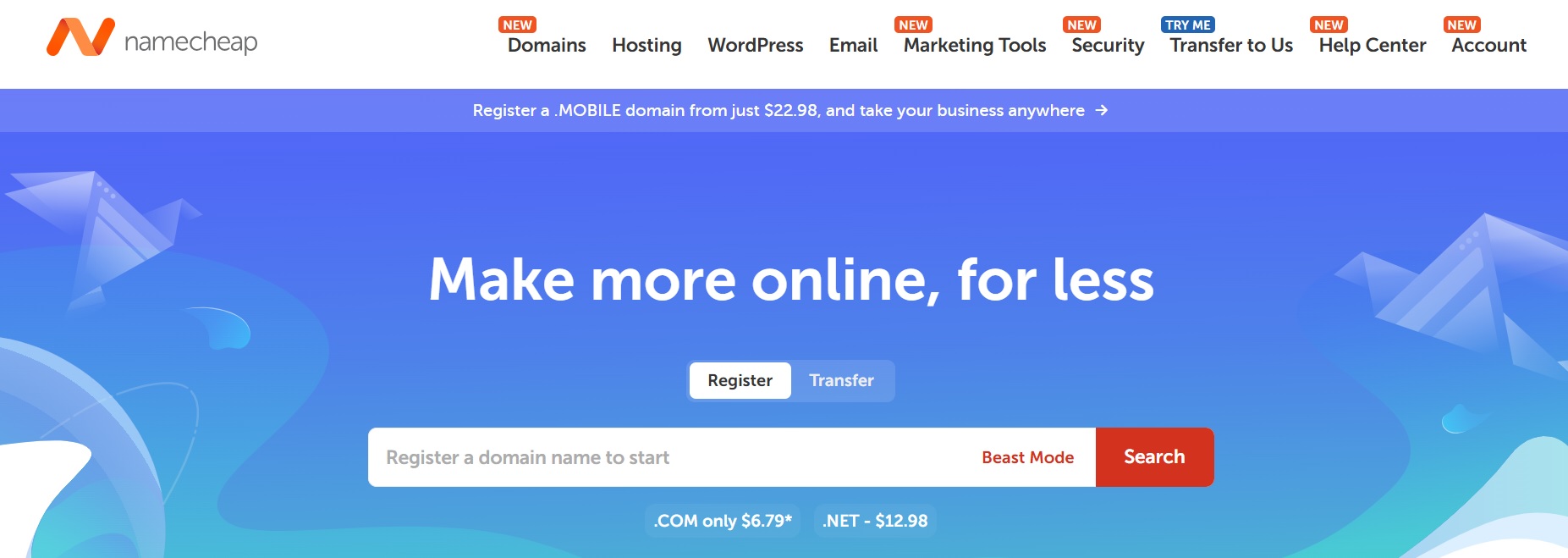 Namecheap homepage screenshot