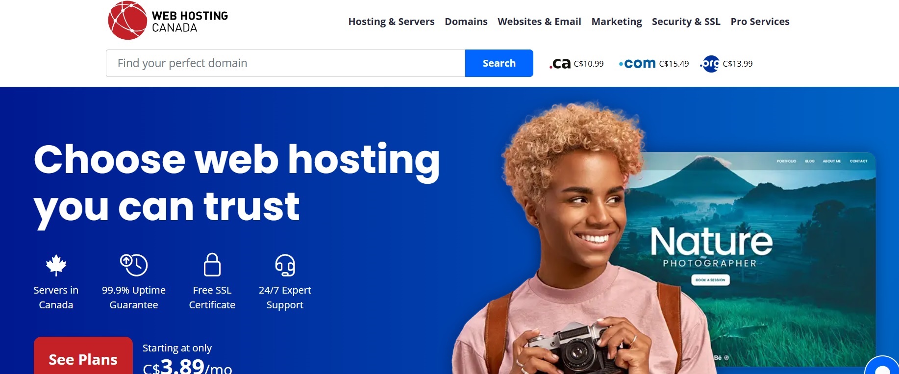 Web Hosting Canada homepage screenshot